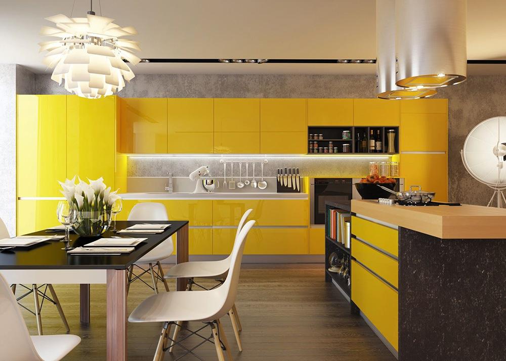 开放式厨房偏黄色橱柜配什么家具--维意定制网上商城